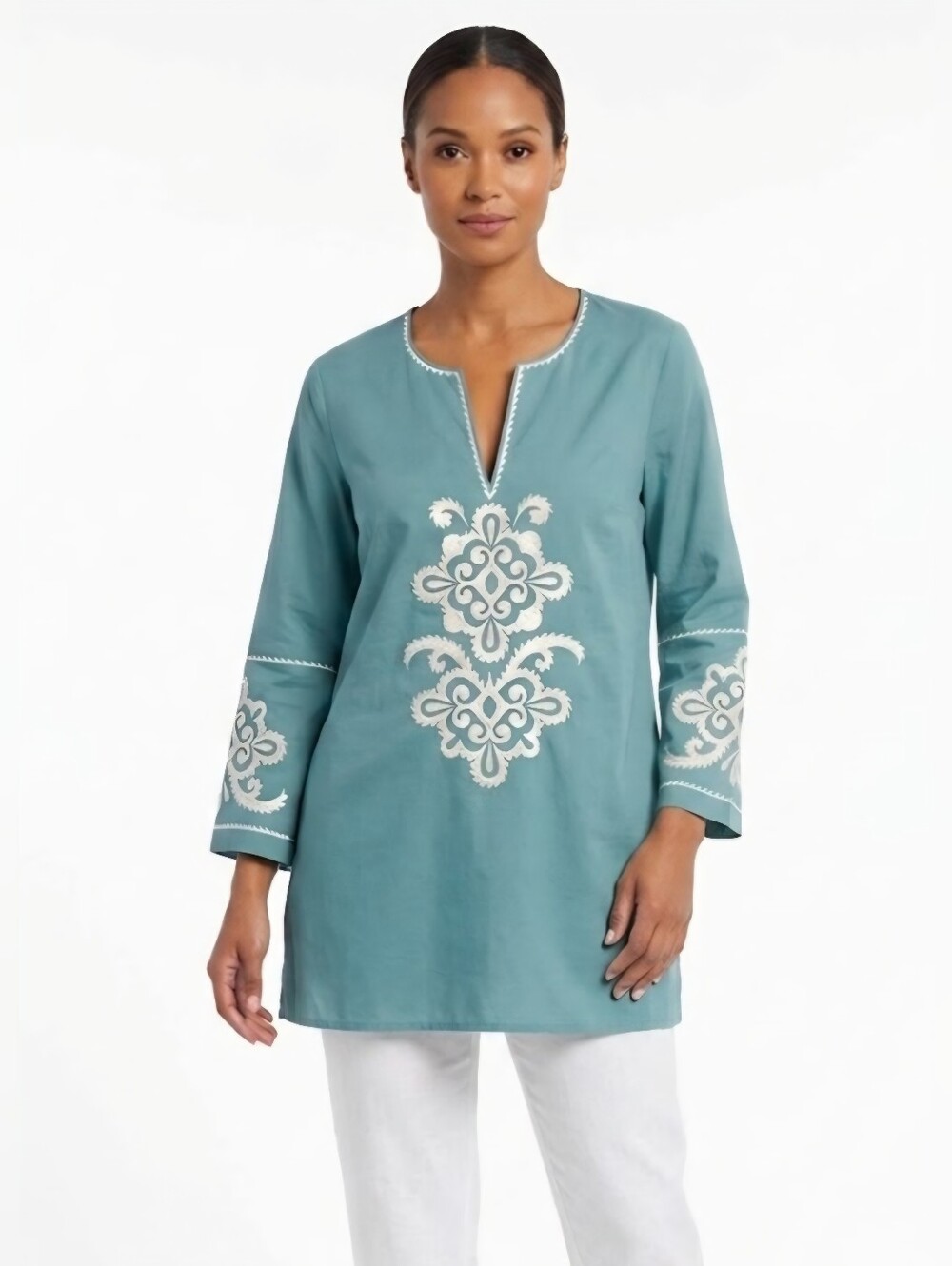 NWT Karen Kane Aqua 3/4 Sleeve Embroidered Tunic Size S